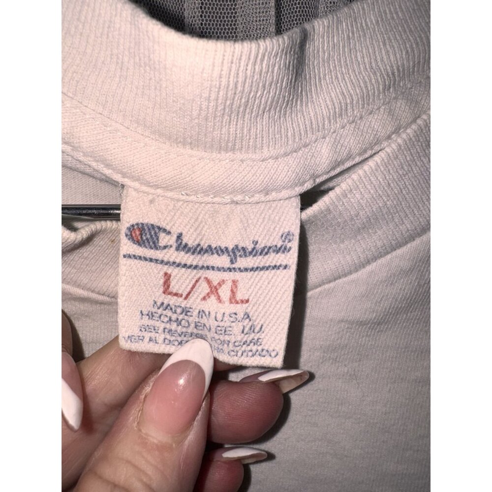 Vintage Champion L/XL White Graphic T-Shirt With Multicolor Logo Patch - Picture 2 of 5